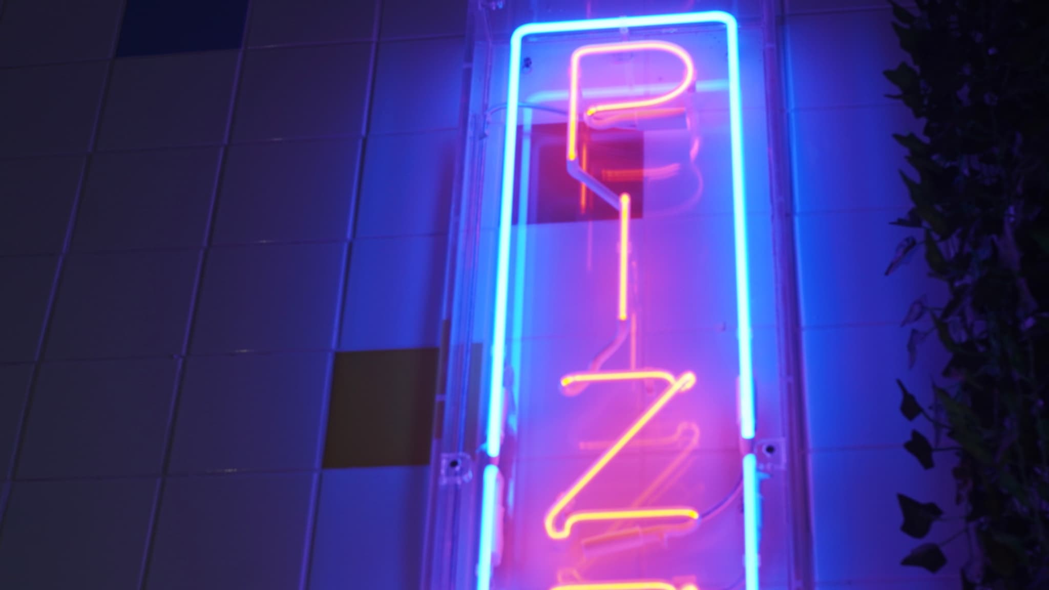 A neon pizza sign illuminated in blue and red against a dark background